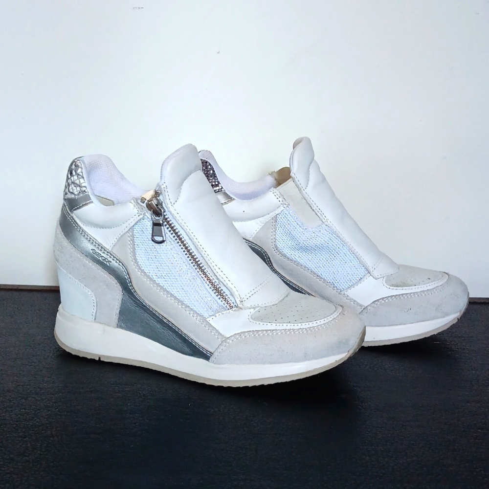 Geox wedge sneakers, grey and silver and snake skin, size 7